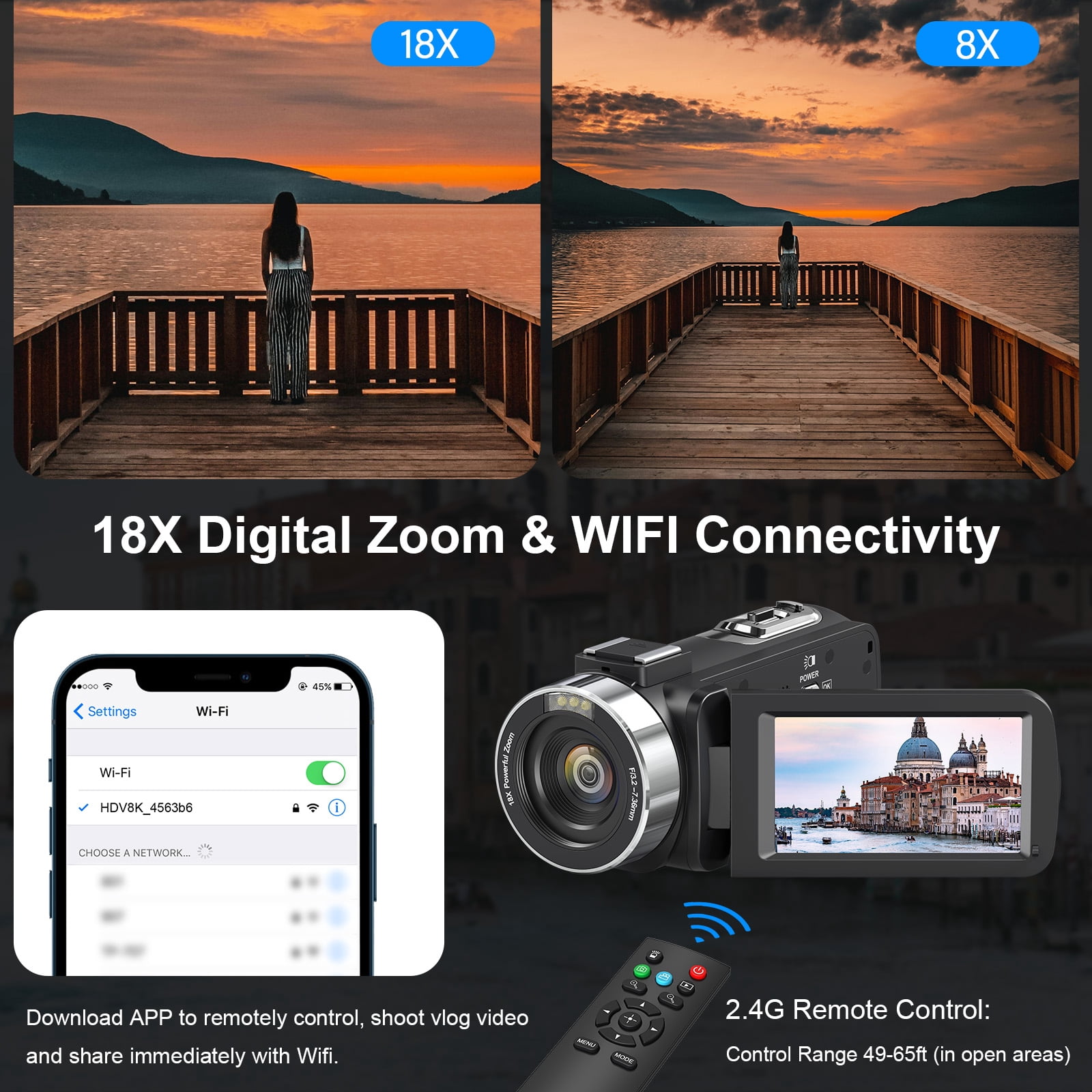 Video Camera for Youtube 8K Camcorder 64MP Wifi Vlogging 18X Zoom IR Night Vision 3.0'' Touch Screen Digital Camera