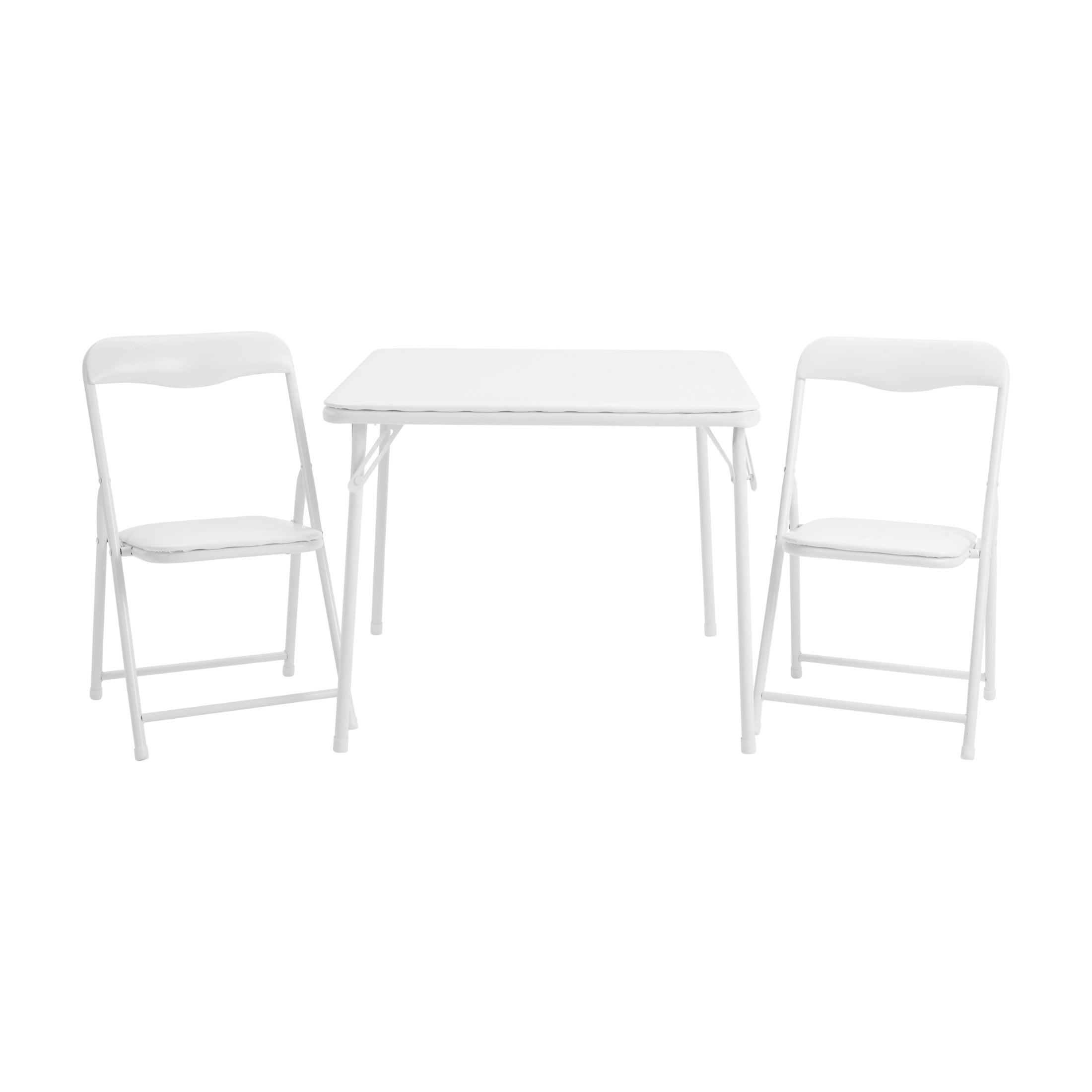 Emma + Oliver 3 Piece Kids Folding Table and Chair Set with White Vinyl Tabletop, Backrest and Seat