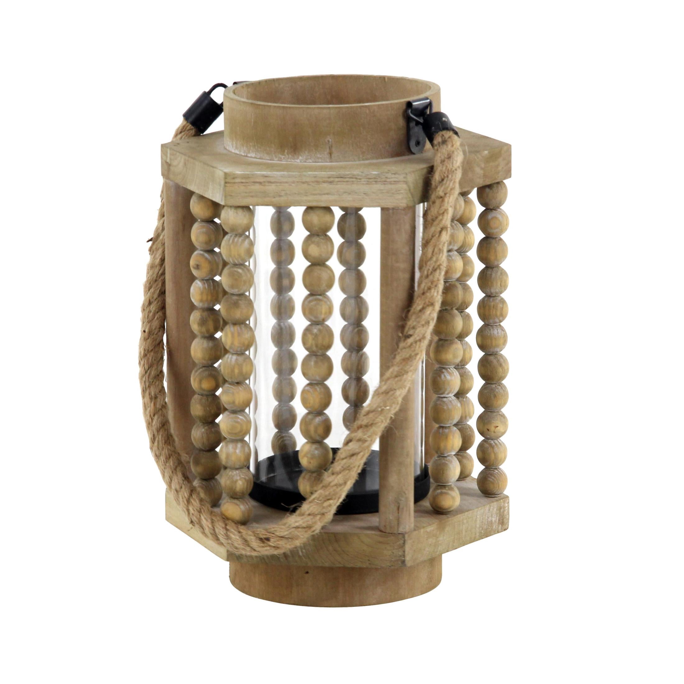 DecMode Beige Reclaimed Wood Beaded Decorative Candle Lantern