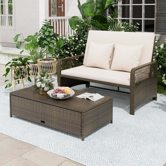 Costway Patio Rattan Daybed Wicker Loveseat Sofa with Multifunctional Ottoman Beige