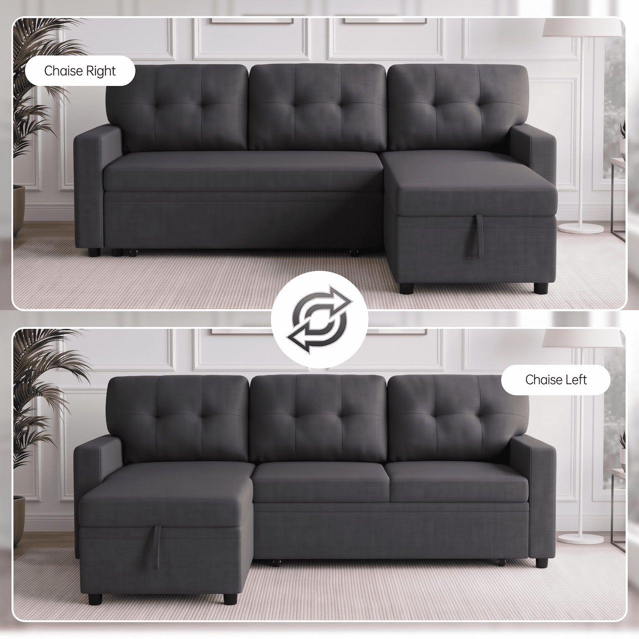 Xiweot Sectional Sleeper Sofa Bed 82" Convertible L Shaped Couch with Storage Chaise, USB Ports & Side Pockets, Compact Linen Pull Out Sofa for Living Room Apartment Recreational Vehicle, Dark Gray