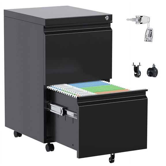2025 New Metal 2 Drawer Mobile File Cabinet with Lock, Under Desk Office Steel Filing Cabinet, 25.6''H Legal/Letter Size, Black, Fully Assembled Except Wheels