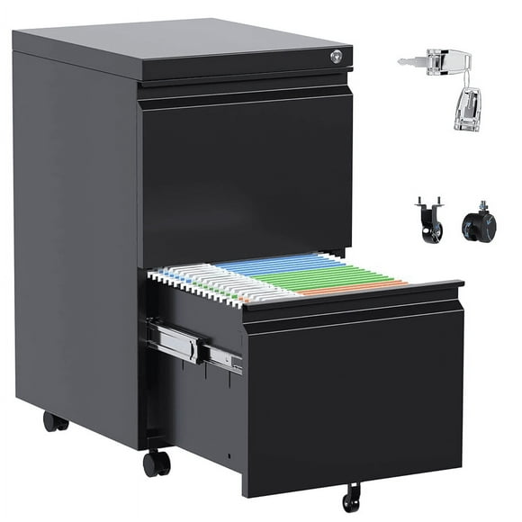Classeur Mobile à 2 Tiroirs avec Serrure et Roulettes, Classeurs sous le Bureau Robustes Entièrement Assemblés pour Bureau à Domicile, Capacité de 30 Lb par Tiroir, Armoire Roulante en Acier pour Dossiers Juridiques/lettres (Noir)