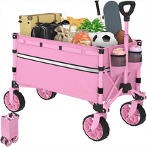 Collapsible Wagon Cart with Wheels Foldable - Folding Utility Heavy Duty Wagons Carts for Grocery Sports Garden Shopping Camping Pink