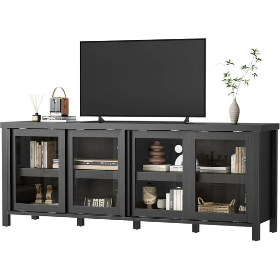 Garvee TV Stand for 65 Inch TV, Mid Century Modern Entertainment Center with 4 Sliding Glass Doors and Storage Cabinets, Media Console, Black