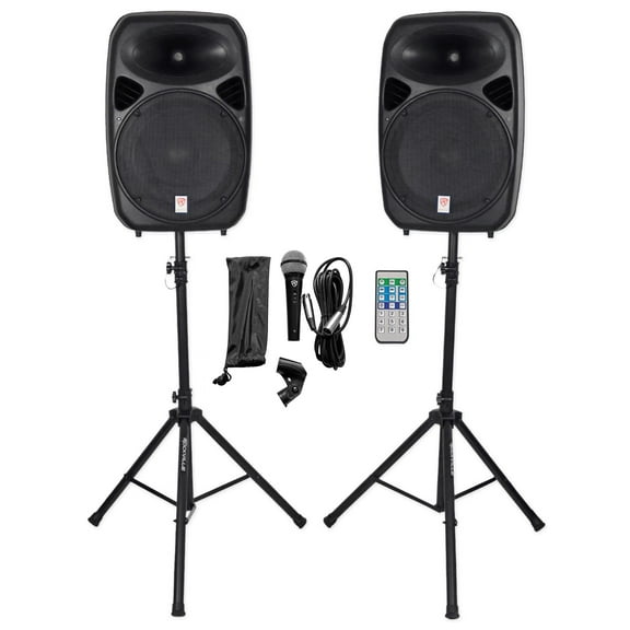 Rockville RPG152K Dual 15" Powered Speakers/Bluetooth  Mic Speaker Stands Cables