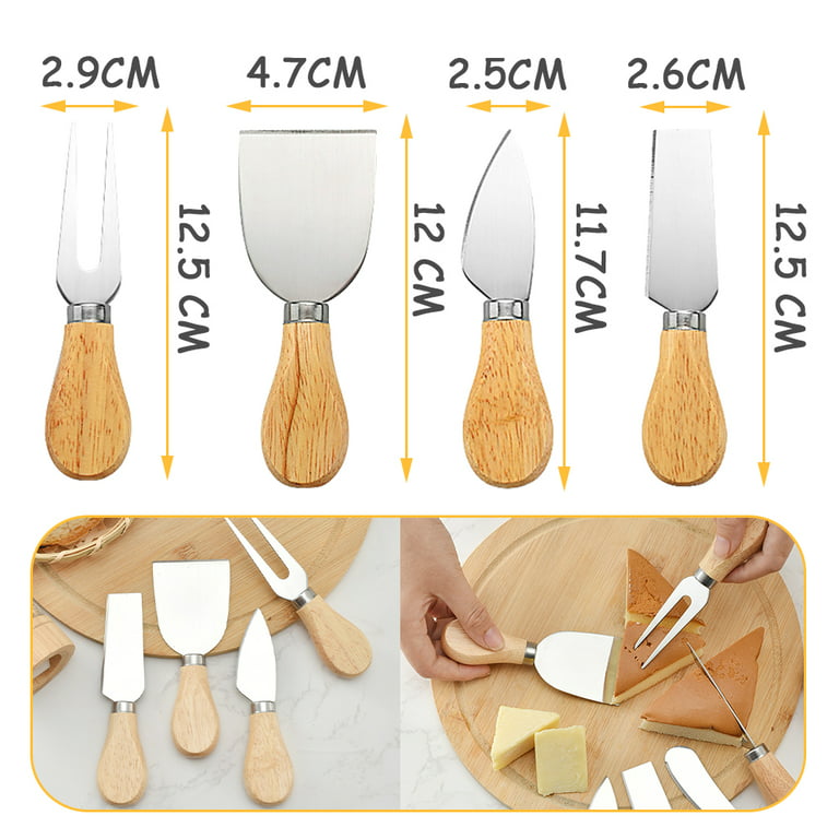 Bssrc 4 Piece Cheese Knives Set with Wooden Handle Mini Steel Stainless Cheese Knife Set for Charcuterie and Cheese Spread Perfect for Cheese Slicer A