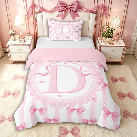Manfei Girls Kawaii Bow Knot D Personalized Initial Twin Bedding,Teens Women Cute Ribbon Bow Tie Stripes Duvet Cover Set,Pink Reversible,Microfiber Bedroom Decor,2pcs,No Comforter