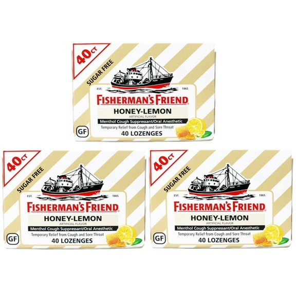 Fisherman's Friend Cough Drops, Cough Suppressant and Sore Throat Lozenges, Sugar Free Honey-Lemon, (3 Packs of 40)