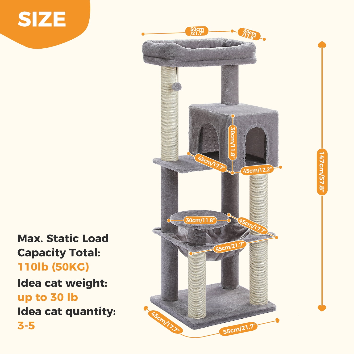 Pefilos 57" Cat Tree Tower for Indoor Cats, 5-Level Cat Condo with Large Hammock, Big Top Perch and 4 Sisal Covered Scratching Pos, Gray