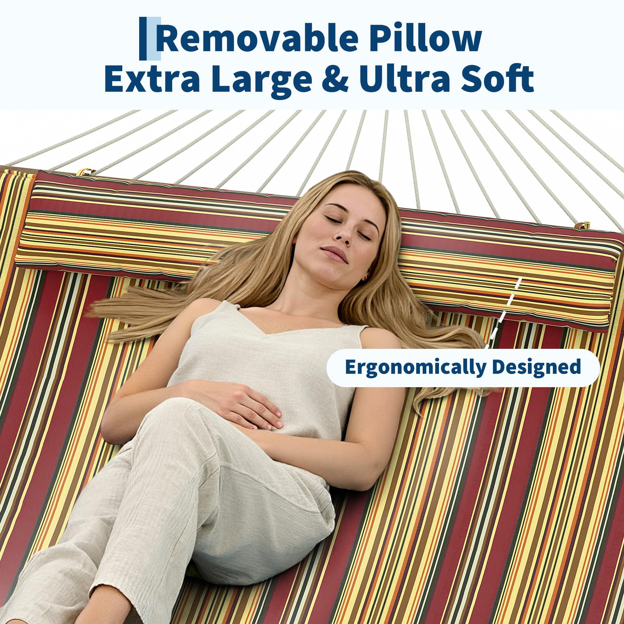 12FT Hammocks 2 Person, Double Quilted Fabric Outdoor Hammock with Spreader Bar, Large Removable Pillow, Storage Pockets, Carabiners, 450 Lbs Capacity, for Hiking, Beach, Red Yellow Striped