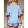 thumbnail image 4 of Women Color Block Off Shoulder Short Sleeve Top and Drawstring Shorts 2 Piece Outfit Set M, 4 of 9