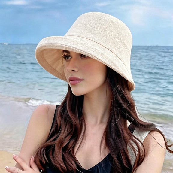 LIZUOJUN Under $5 Bucket Cloche Hat For Women Short Wide Brim Solid Linen Blend Sun Hat Summer Outdoor Travel Street Photography Daily Casual Cap, Beige,M