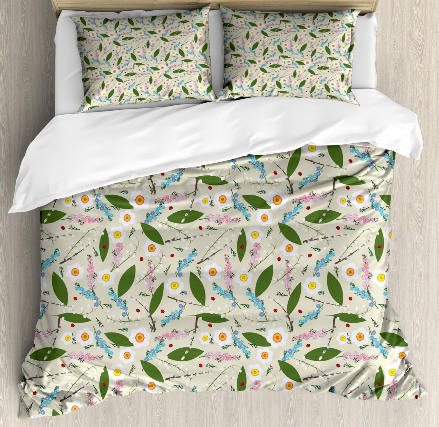 Spring Duvet Cover Set King Size, Romantic Floral Composition with