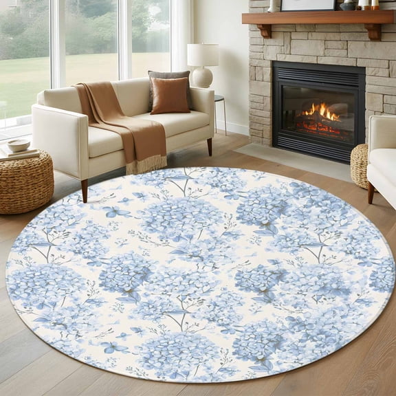 Round Area Rug 6 Ft, Blue Floral Washable Non-Slip Circle Carpet for Living Room/Bedroom, Garden Petals Flower Botanical Tree Branch Low-Profile Indoor Mats Collection Rugs for Residential