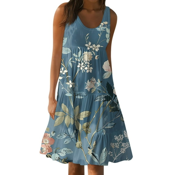 JULMCOMO Dresses for Women Plus Size Sleeveless Mini Dress Floral Print O Neck Summer Tiered Sun Dresses Casual Loose Boho a Line Dress