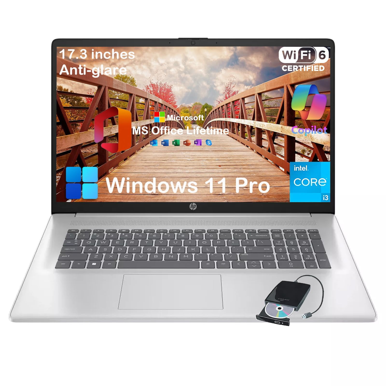 HP 17 Laptop for Business and Students - w/Microsoft Office Lifetime License, 17.3" HD+ 250 Nits IPS Display, Intel 8-Core i3 Processor, Anti-Glare, Wi-Fi6, Win 11 Pro (16GB RAM, 512GB SSD)
