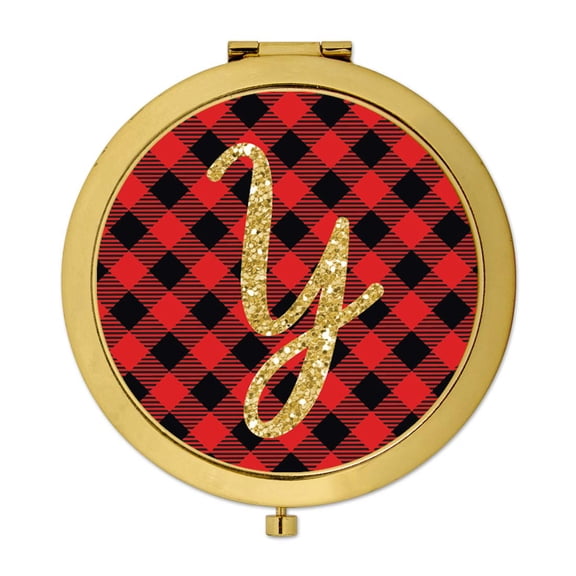Koyal Wholesale Gold Compact Mirror Bridesmaid's Wedding Gift, Buffalo Red Plaid | Gold Glitter, Monogram Letter Y, 1-Pk