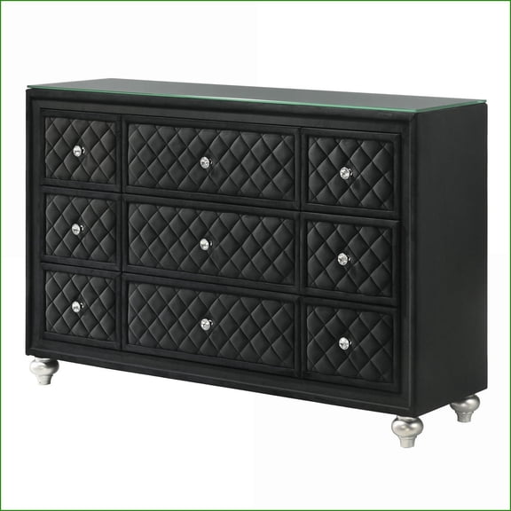 Dressers, Glam Nine-Drawer with Velvet Tufted Fronts & Faux Crystal Knobs | Black | Engineered Wood