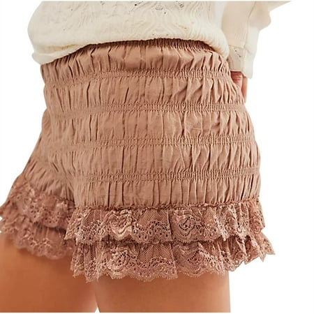 Besolor Womens Ruffle Lace Trim Bloomers Smocked Mini Shorts Cute Frill Ruched Pj Bottoms Pajama Shorts Sleepwear