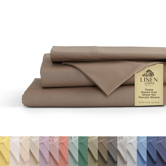 Draps en Percale 100 % Coton Taille Grand, Taupe, Poches Profondes, Ensemble de Draps 4 Pcs - 1 Drap Plat, 1 Drap-Housse à Poches Profondes et 2 Taies d'Oreiller, Linge de Lit Frais et Solide