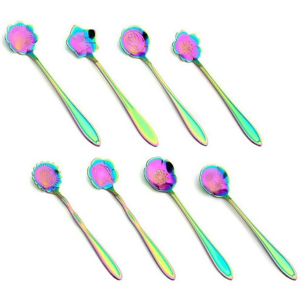 Cuchara para mezclar portátil y liviana, juego de cucharas con forma de flor, diferentes patrones, de acero inoxidable para mezclar café y té, diseño creativo, apta para lavavajillas (arcoíris)