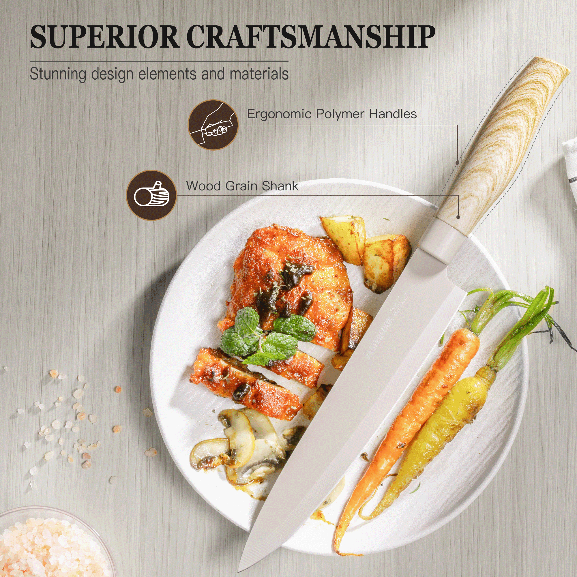 Astercook 6 Piece Beige Knife Set, Kitchen Knives Block Sets with Healthy Anti-Rust Coating, Stainless Steel Chef Knife Set Dishwasher Safe, Perfect Holiday Gifts for Kitchen