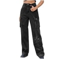 thumbnail image 2 of uublik Womens Cargo Jeans Straight Leg Jeans Casual High Waist Baggy Denim Cargo Pants with Pockets, Dark Gray, 2 of 5