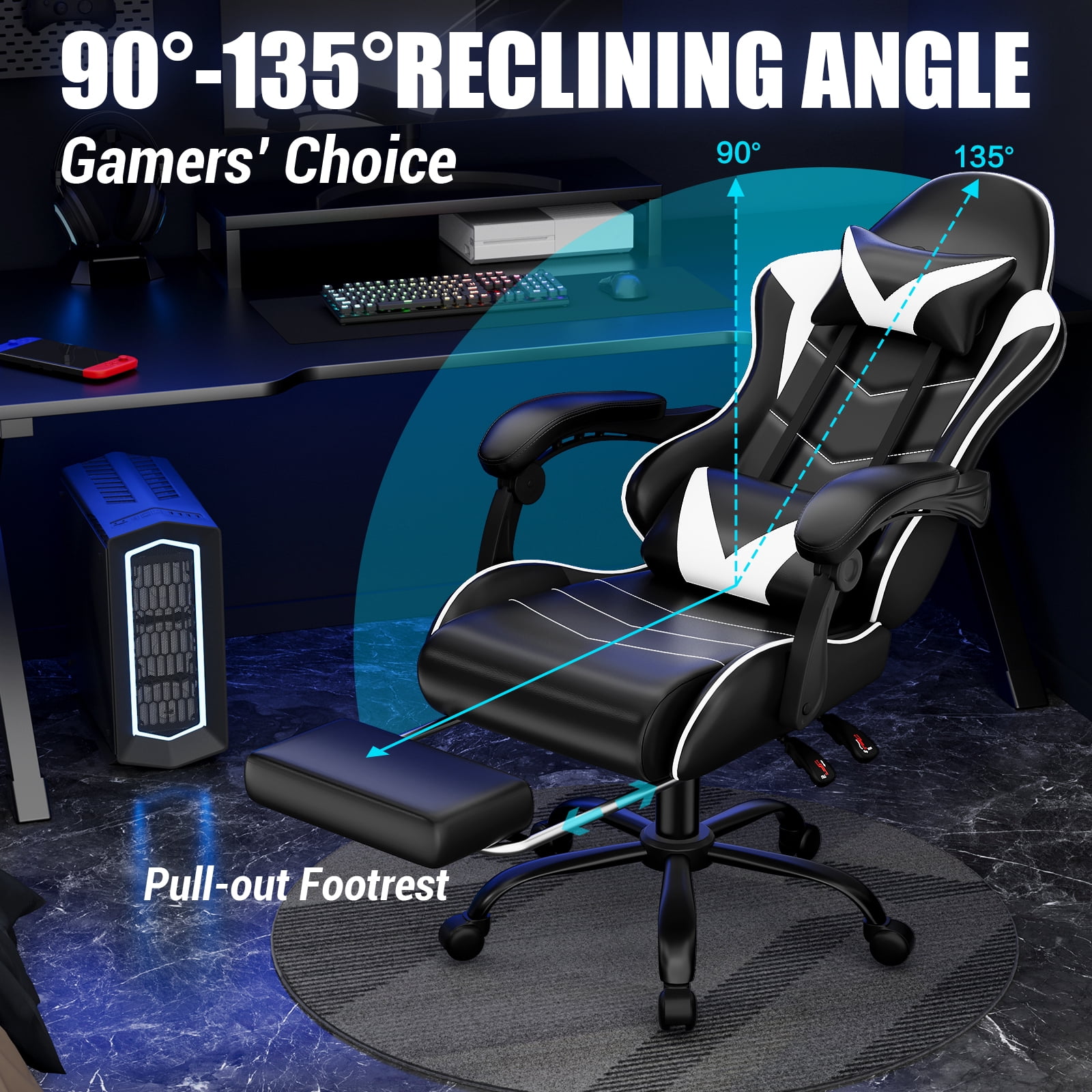 Czlolo Gaming Chair, Lumbar Massager Game Chairs, High Back Reclining, with Headrest Gamer Office Chair.(White)