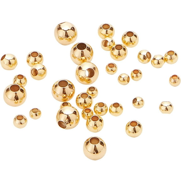 200Pcs 18K Gold Plated Brass Beads Round Spacer Beads with 4 Mixed Size(0.5-1.5mm Hole) for DIY Necklaces Bracelets and Jewelry Making