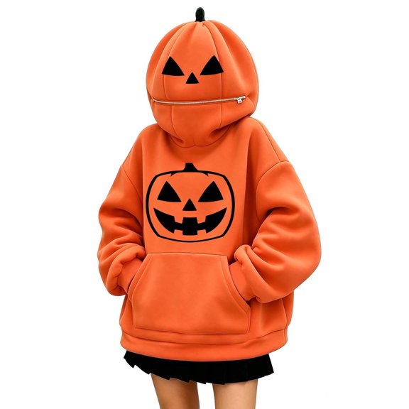 HomeDM Womens Halloween Pumpkin Hoodie Long Sleeve Orange Novelty Sweatshirts for Party Holiday Outfit