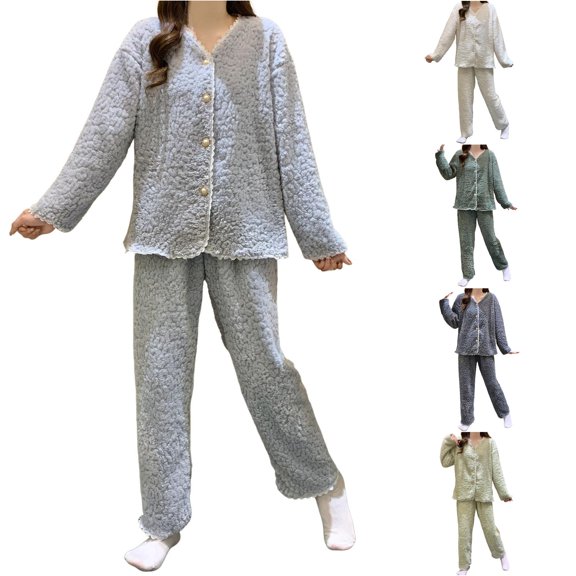 HCYSFG Women's Thick Solid Pajama Sets 2 Piece Loose Long Sleeve V Neck Cardigan Top Matching Sleepwear Pants Loungewear Set