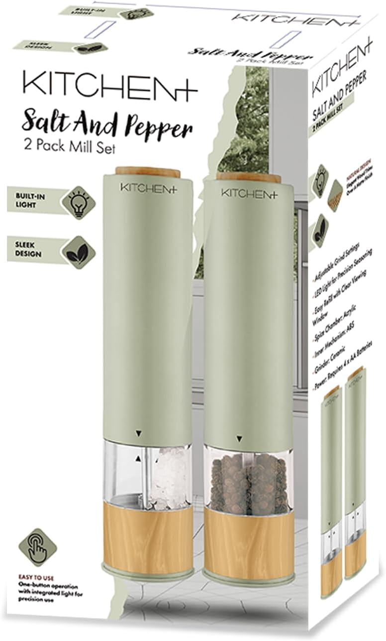 Living+ Electric Salt and Pepper Grinder Set – Automatic Battery Salt & Pepper Mills with Adjustable Grind, Built-In Light, Sleek Matte + Wood Trim Design, Easy Refill, Durable Ceramic Spice Grinder