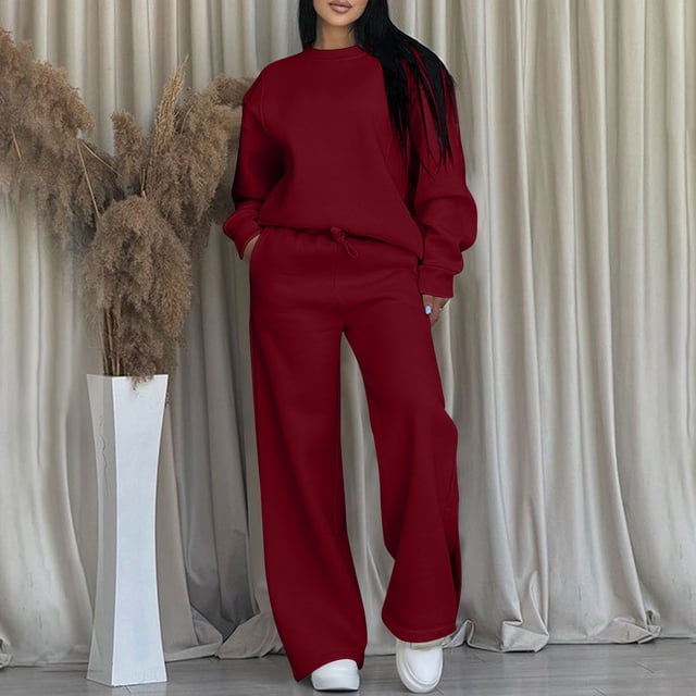 Ounisa Women 2 Piece Set, Solid Long Sleeved Sweatshirt Set, Elastic High Waist Loose Jogger Pants with Pocket Crew-Neck Long-Sleeved Trousers