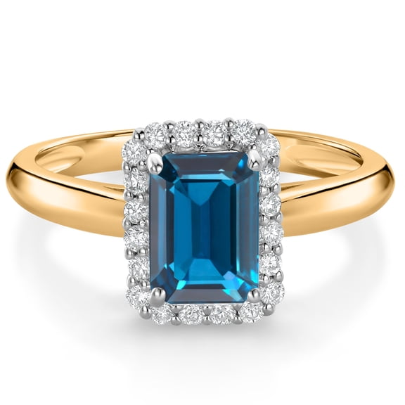 Gem Stone King 1.30 Ct London Blue Topaz G/H Lab Grown Diamond 10K Yellow and White Gold Halo Engagement Ring (Size 9)