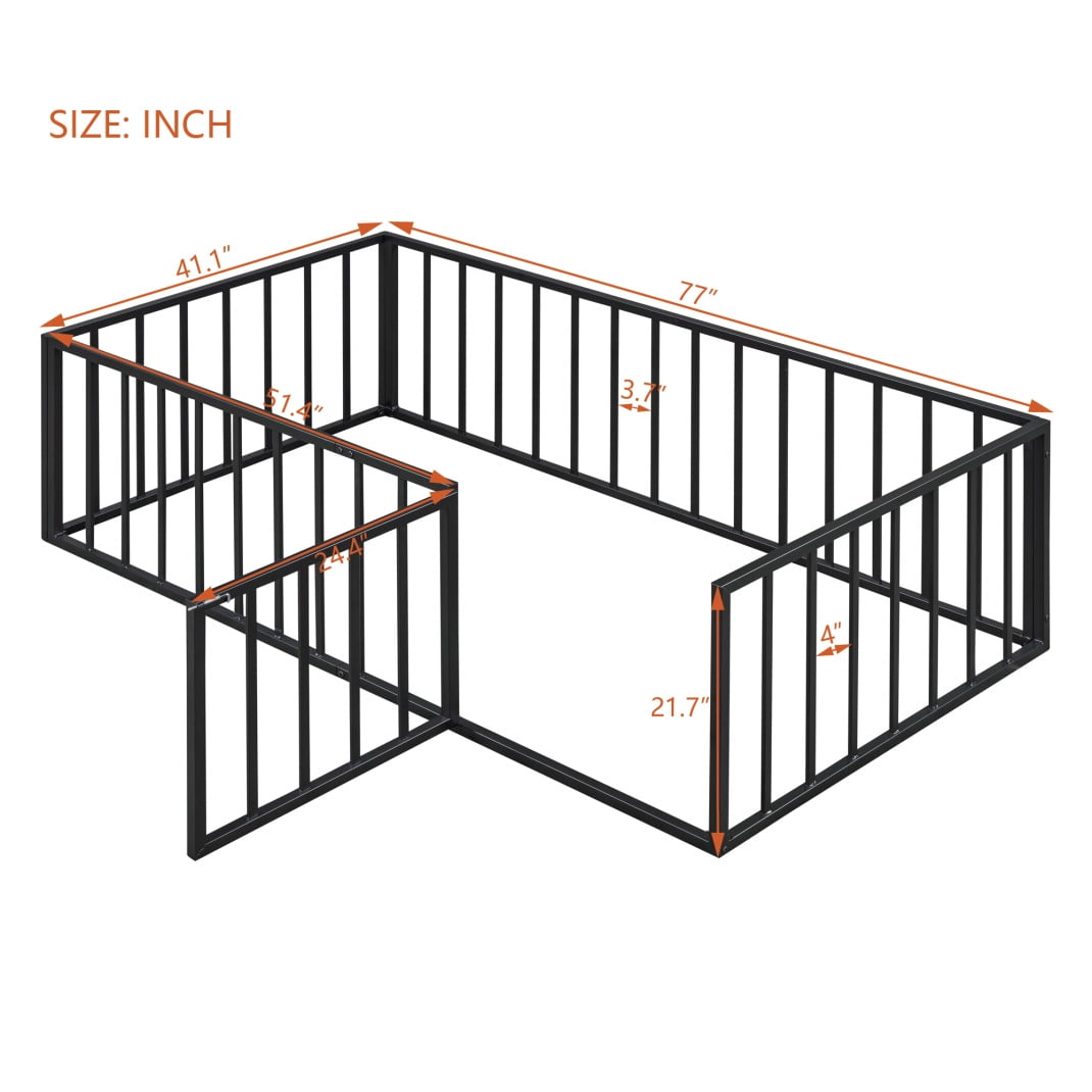 Twin Floor Bed Frame, Montessori Floor Bed with Full-Length Guardrails and Door, No Slats Supports, Black, 77"×41.1"×21.7"H