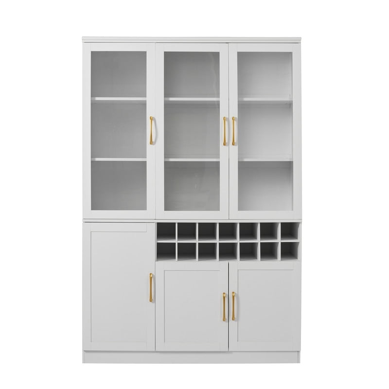 Tall Wine Storage Cabinet with Glass Doors, Freestanding Home Bar Pantry Cabinet with Goblet Rack & 18-Bottle Grid