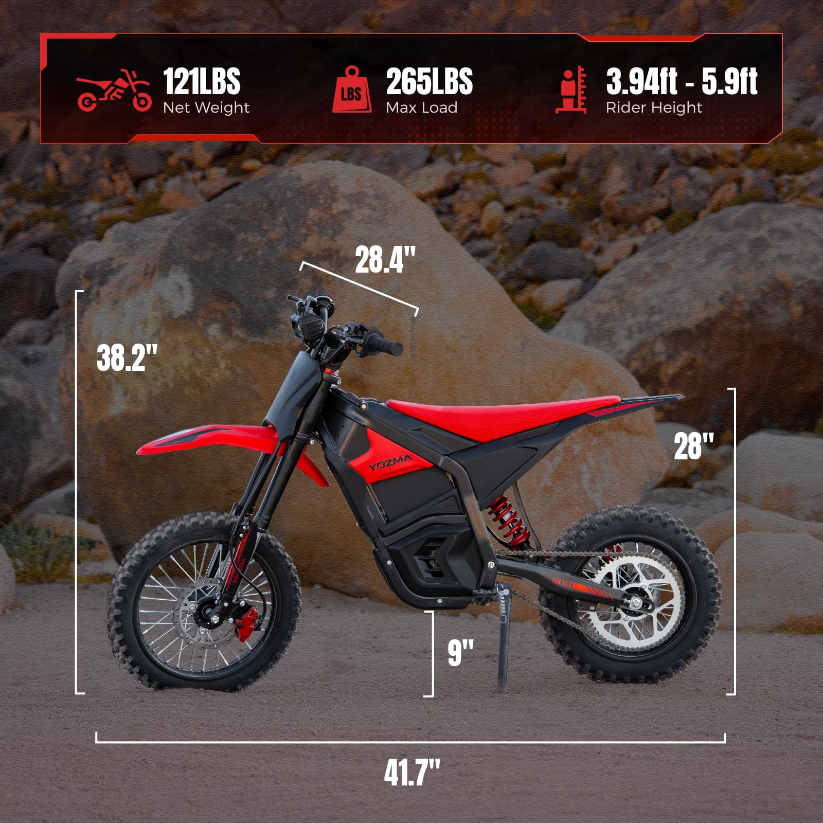 Yozma IN10 2600W Electric Dirt Bike, 40 MPH, 48V 23.4Ah, 53-Mile Range, Bike Lock Bundle, Red