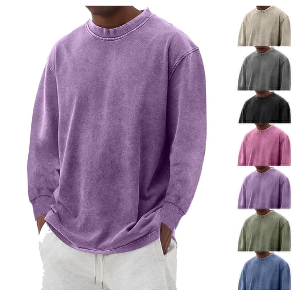Men's Long Sleeve Shirts Vintage Oversized Distressed Washed T-Shirt Crewneck Cotton Tees Pullover Tops Purple M