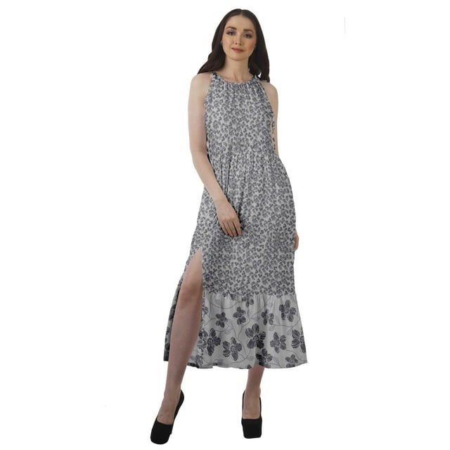 Moomaya Robe Longue Maxi de Fête pour Femmes en Rayonne Imprimée à Encolure Licou avec Fente avant