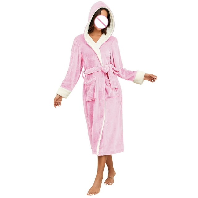 Penkiiy Womens Robe Long Kint Bathrobe Lightweight Soft Robes Ladies Bath Robe M Pink