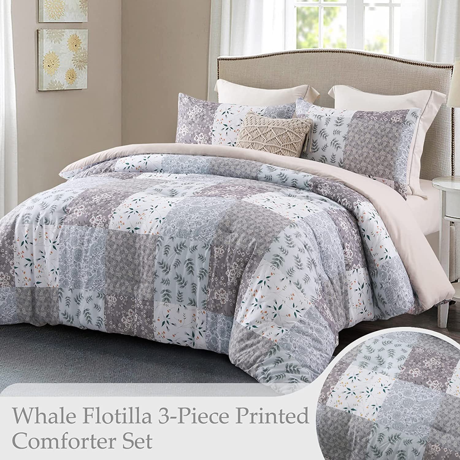 Whale Flotilla 3-Piece King Comforter Set, Soft Reversible Bedding Comforter Sets, Patchwork Printed Down Alternative Comforter Duvet for All Seasons, Grey