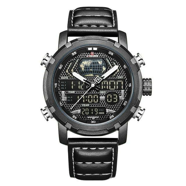 NAVIFORCE NAVIFORCE 9160 Men's Leather Strap Quartz Watch with Dual Time Display, Night Mode, and Multi-Dial Features in White – Includes Original Box