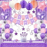 Pink Purple Birthday Party Decorations Supplies Lavender Happy Birthday Banner Honeycomb Balls Fringe Curtain Foil Balloons Hanging Swirls Cake Topper Tablecloth Party Supplies for Women Girls