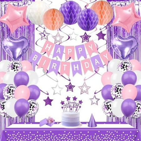 Pink Purple Birthday Party Decorations Supplies Lavender Happy Birthday Banner Honeycomb Balls Fringe Curtain Foil Balloons Hanging Swirls Cake Topper Tablecloth Party Supplies for Women Girls