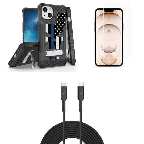Bemz iPhone 13 Mini Bundle: Tri Shield Military Grade Armor Rugged Case (Thin Blue Line Skull), Premium Glass Screen Protectors (2-Pack), USB-C to Lightning Cable (3.3ft/1m)