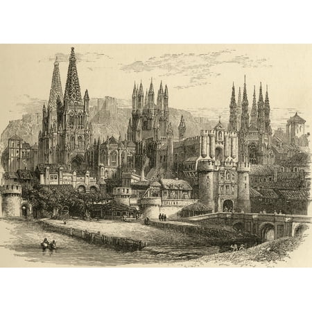 Bridge Gateway And Cathedral Of Burgos Spain From The Book Spanish Pictures By The Rev Samuel Manning Published 1870 Canvas Art - Ken Welsh  Design Pics (17 x