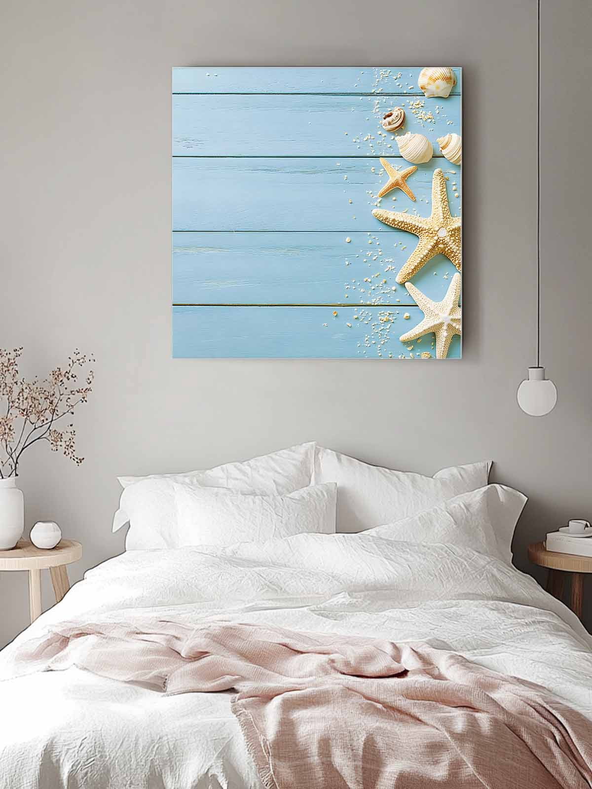 Beach Light Blue Canvas Wall Art, Rustic Ocean Starfish Seashell Wooden Framed Wall Decor Modern Artwork Prints Painting for Living Room, Bedroom, Kitchen & Cafe Decor 16x16 Inch