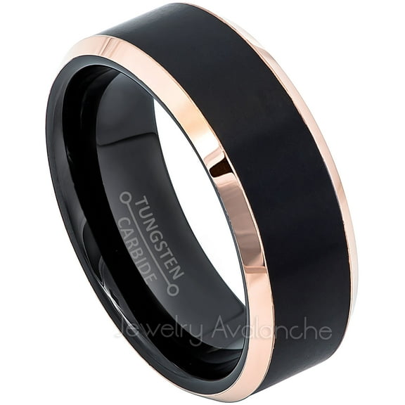 2-Tone Tungsten Wedding Ring - Band for Mens & Womens- 8mm Beveled Edge Tungsten Ring - Black & Rose Gold Comfort Fit Tungsten Band
