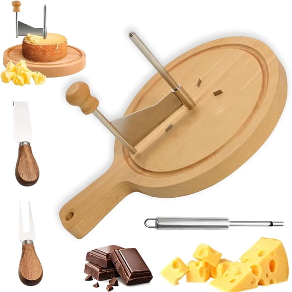 Cheese Curler Wheel, Stainless Steel Cheese Curler Flower Maker Wheel Slicer with Punch Tool, Handheld Cheeses Shaver Wooden Base, for Cheeses, Chocolate (B-A)